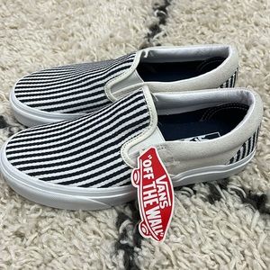 Brand new Vans classic slip-ons in railroad stripes